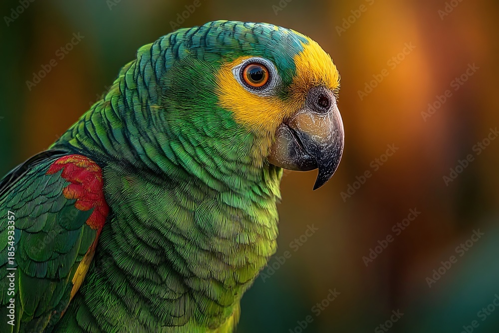 Obraz premium Vibrant Parrot Portrait: A close-up view of a striking parrot with vivid green and yellow plumage, exuding personality and exotic beauty.