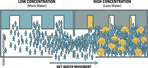 Osmosis biology diagram showing water movement from low to high concentration using people in crowded rooms metaphor to explain gradient for science education aid.