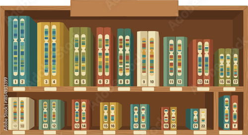 Genomic library metaphor diagram showing human chromosome pairs organized like books on wooden shelves for genetics and DNA biology science education.