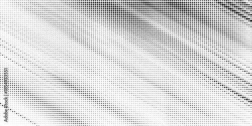 A monochromatic abstract halftone texture spreads across the frame with an expansive, fading dot effect.