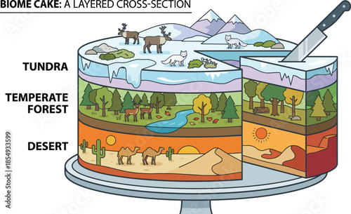 Biome cake diagram showing layered cross section of tundra temperate forest and desert ecosystems with wildlife for environmental science and nature education.