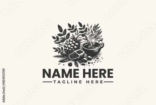 Black and white illustration of a logo with a mortar and pestle surrounded by leaves and herbs on a clean white background.