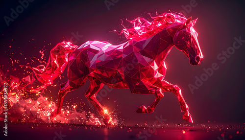 A futuristic red horse runs dynamically through a dark, neon-lit environment from a side viewpoint.