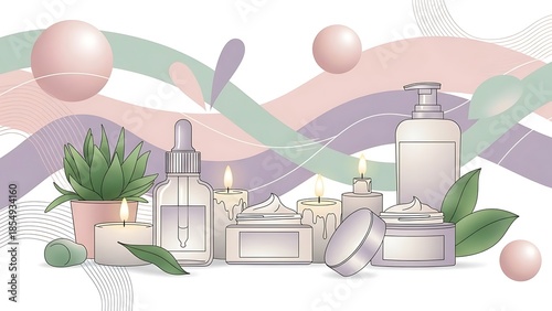 A collection of skincare products and candles arranged with decorative elements, suggesting a spa or self-care theme.