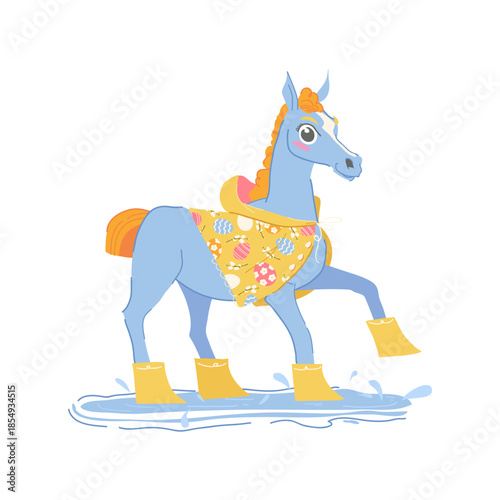 vector illustration of a cheerful blue horse mascot wearing a decorative yellow raincoat with an Easter egg pattern and rubber rain boots splashing through a spring puddle