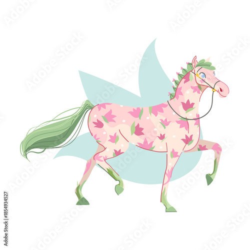 A whimsical, cheerful running horse vector illustration embellished with tulip floral pattern, capturing the energetic spirit of the 2026 Lunar Year of the Horse and the vibrant renewal of spring