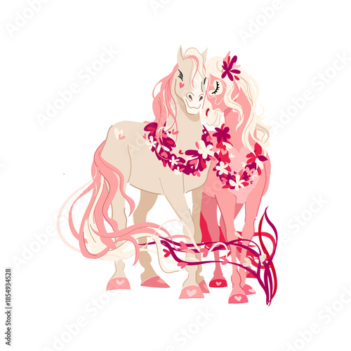 Romantic flat vector illustration of an affectionate horse couple adorned with pink floral wreaths and floating hearts, perfect for Valentine's Day and 2026 Chinese zodiac themes