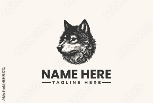 A black and white illustration of a wolf's head with a placeholder text for a logo or brand name on a plain background, featuring a vector graphic design with an icon style.