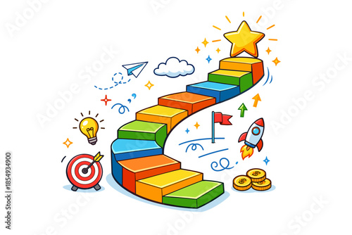 Colorful pathway to success with stairs, star, and rocket symbols for ambition and achievement