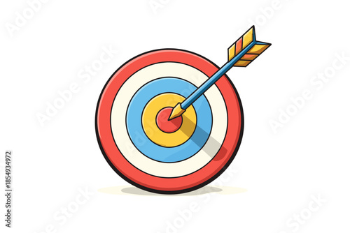 Bullseye with arrow in center of colorful target on white background
