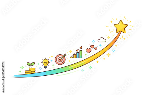 Colorful growth and success path with star, symbols of innovation, finance, and achievement