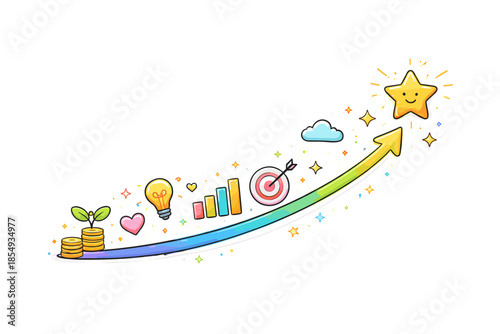 Colorful success trajectory with growth icons and happy star