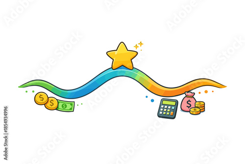 Colorful financial growth chart with money icons and star symbol