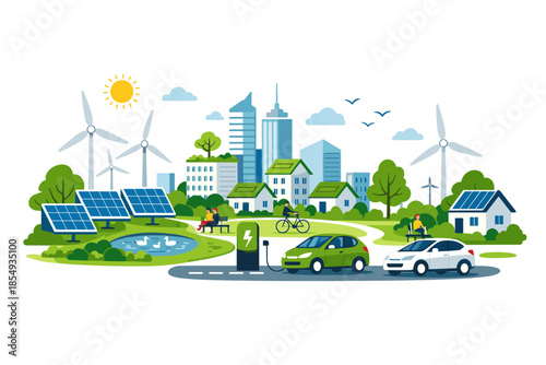 Sustainable city scene with solar panels, wind turbines, and electric cars promoting eco-friendly living