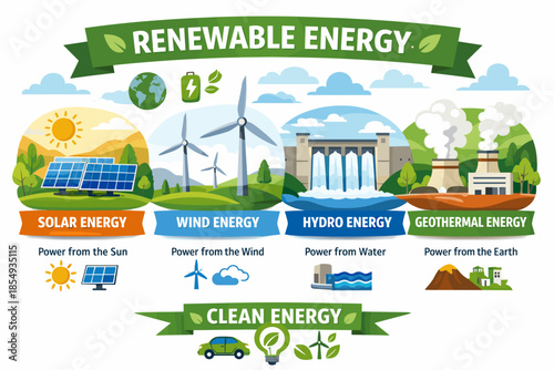 Renewable energy sources: solar, wind, hydro, and geothermal power for clean energy