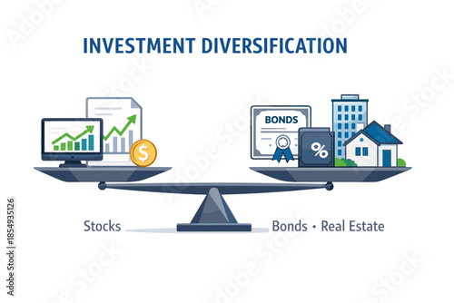 Balanced investment diversification with stocks, bonds, and real estate