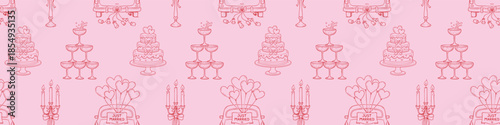 A seamless Valentine's Day pattern with hand drawn cake champagne glasses candles and just married car romantic doodles on pink background