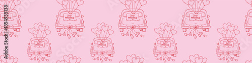 Seamless Valentine's Day pattern with hand drawn newlyweds' car and heart-shaped balloons, romantic designs on a pink background.