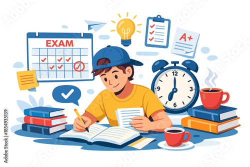 Young caucasian male teen studying for exam with books and coffee