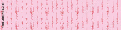 Seamless Valentine's Day pattern with handdrawn candles and candelabras decorated with bows romantic vintage doodles on soft pink background