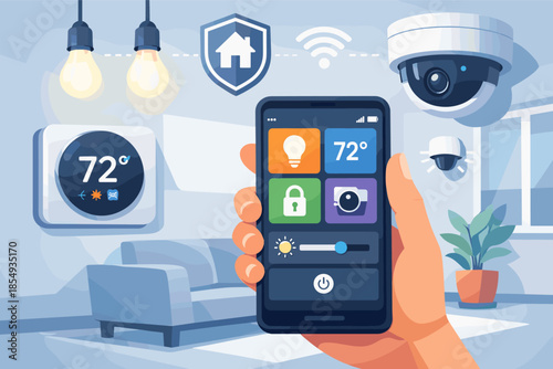 Smart home technology concept with smartphone control and security features