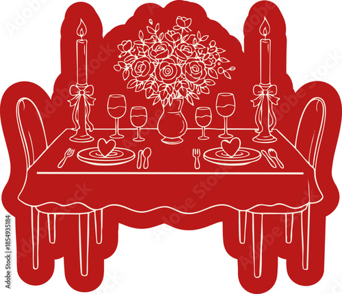Red romantic dinner table illustration handdrawn with candles flowers wine glasses and heart plates for valentines or wedding isolated on transparent