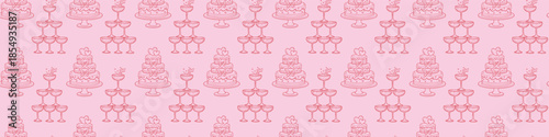 Seamless Valentine's Day pattern with handdrawn cake and champagne tower romantic vintage doodles repeating on soft pink background