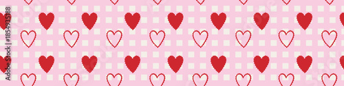 Valentines seamless pattern with red lace hearts on pink checkered background romantic cute repeating design
