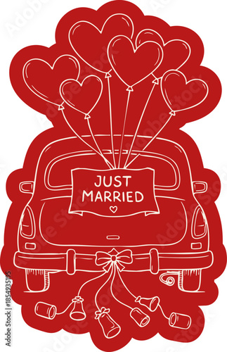 Red just married car illustration handdrawn romantic wedding vehicle with heart balloons and bows isolated on transparent background