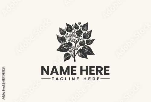 A black and white vector logo featuring a stylized tree with leaves and a patterned trunk, accompanied by placeholder text on a clean background.