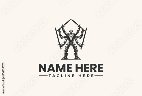 A black and white illustration of a skeleton holding swords in a logo design with a tagline on a plain background.