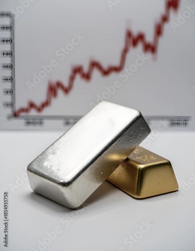 Gold and silver bullion bars with market chart background