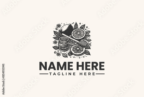 Black and white illustration of a logo with a mountain, coins, and leaves on a beige background, featuring a placeholder name and tagline.