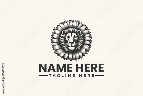 Black and white illustration of a lion's head logo with a spiky mane on a beige background, with space for a company name and tagline in a modern design.
