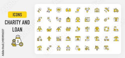 Set of Charity and Loan vector. Loudspeaker, Donation, Volunteers, Protection, Kidney Transplant, Shake Hand, Location, Air Transportation, Ambulance, Animal Care, Blood Bottle illustration.