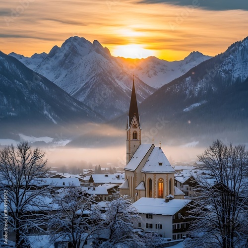 Snowy Mountain Village Church Sunrise.