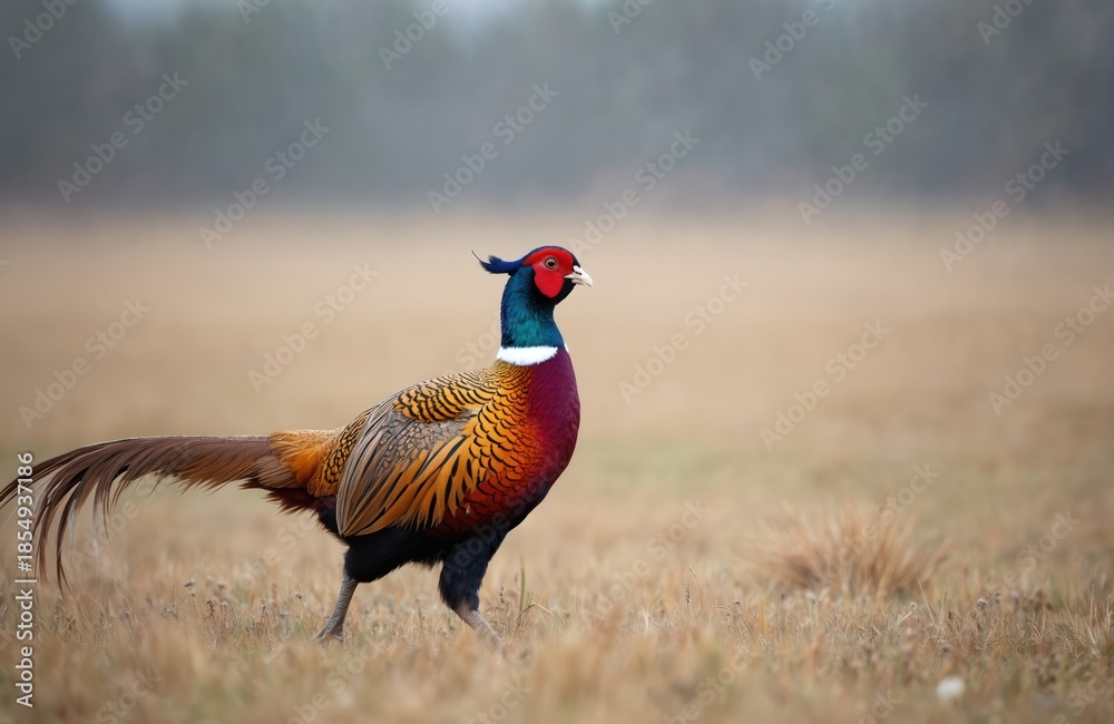 Obraz premium Ring necked pheasant male bird walks in dry grass field. Colorful fowl has iridescent plumage and long tail feathers. Wildlife bird looks toward right side.