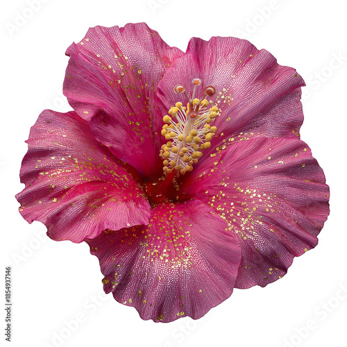 Hot Pink Hibiscus Flower with Disco Ball Facets and Gold Glitter Texture, Shiny Reflective Isolated on White Background