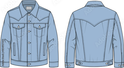 Denim jacket technical sketch front and back view, pointed collar, chest pockets, button closure, fashion flat, vector illustration
