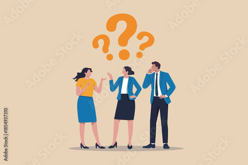 Team in discussion with question marks