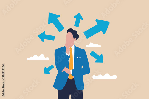 Confused businessman surrounded by arrows