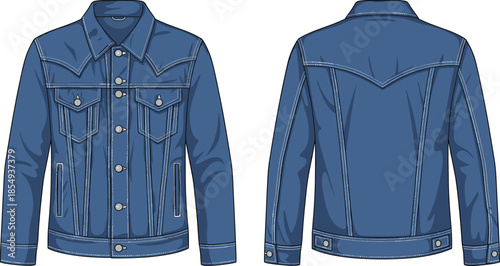 Blue denim jacket front and back view, button-up design, chest pockets, V-yoke seam, fashion flat, vector illustration, garment sketch