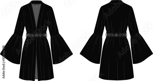 Flared sleeve robe front and back view, floral belt, deep V-neckline, elegant silhouette, fashion flat, vector illustration, garment design
