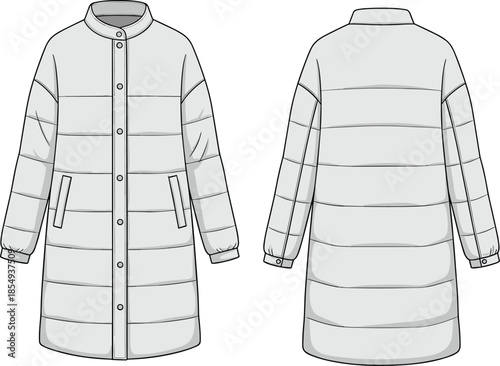 Long padded winter coat technical sketch, front and back view, quilted design, button closure, fashion flat, vector illustration, garment drawing