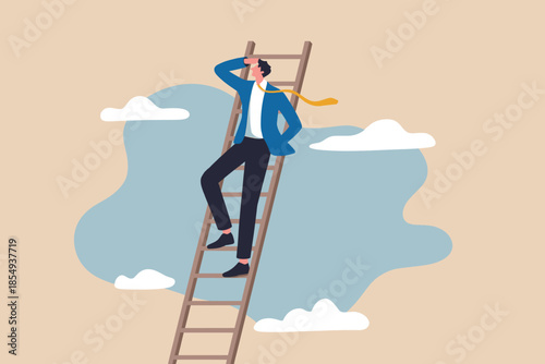 Businessman climbing ladder to clouds