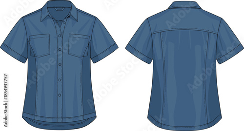 Short sleeve denim shirt technical sketch, front and back view, pointed collar, chest pockets, cuffed sleeves, fashion flat, vector illustration