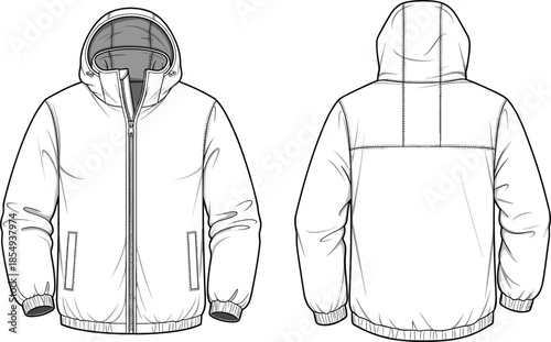 Technical fashion illustration of hooded jacket, front and back view, zipper closure, drawstring hem, elastic cuffs, garment design, apparel construction, vector template