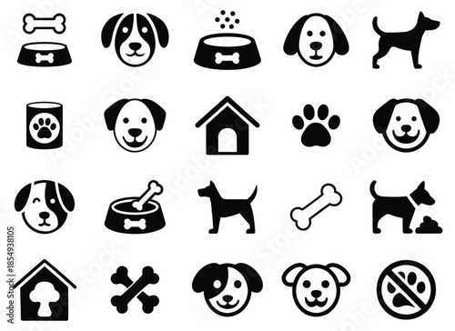 Dog icons set, pet care, dog faces, paw prints and accessories vector. set of animals icons