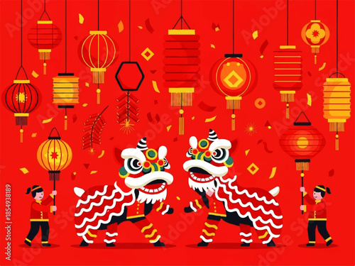 Vector flat design illustration of a lion dance performance with colorful lanterns hanging in the background, conveying a festive and cultural mood.