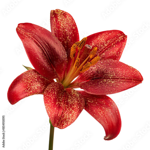 Fire Engine Red Lily Flower with Golden Glitter Pistils Isolated on White Background